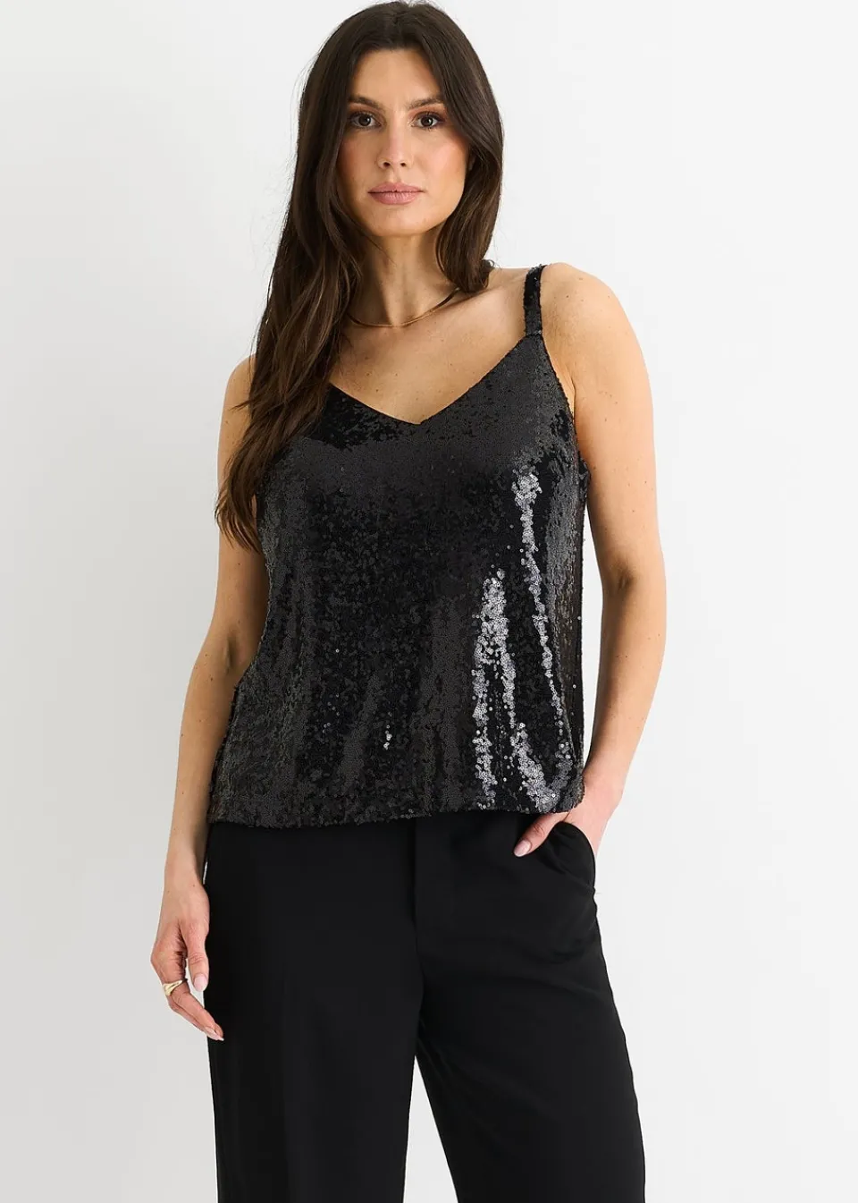 Tops>Gini London Black Sequin V Neck Cami Top