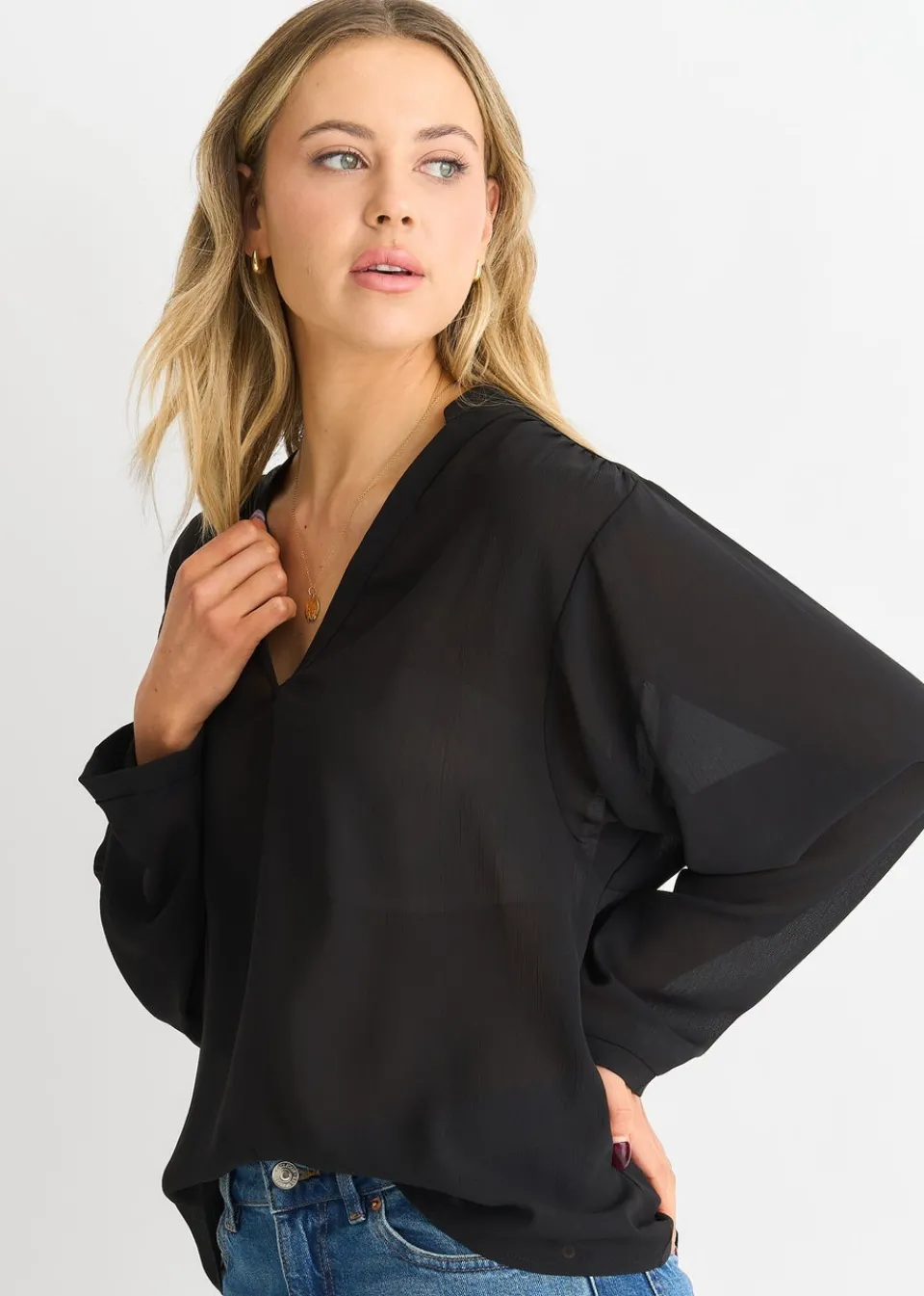 Tops>Gini London Black Textured Chiffon Oversized Blouse