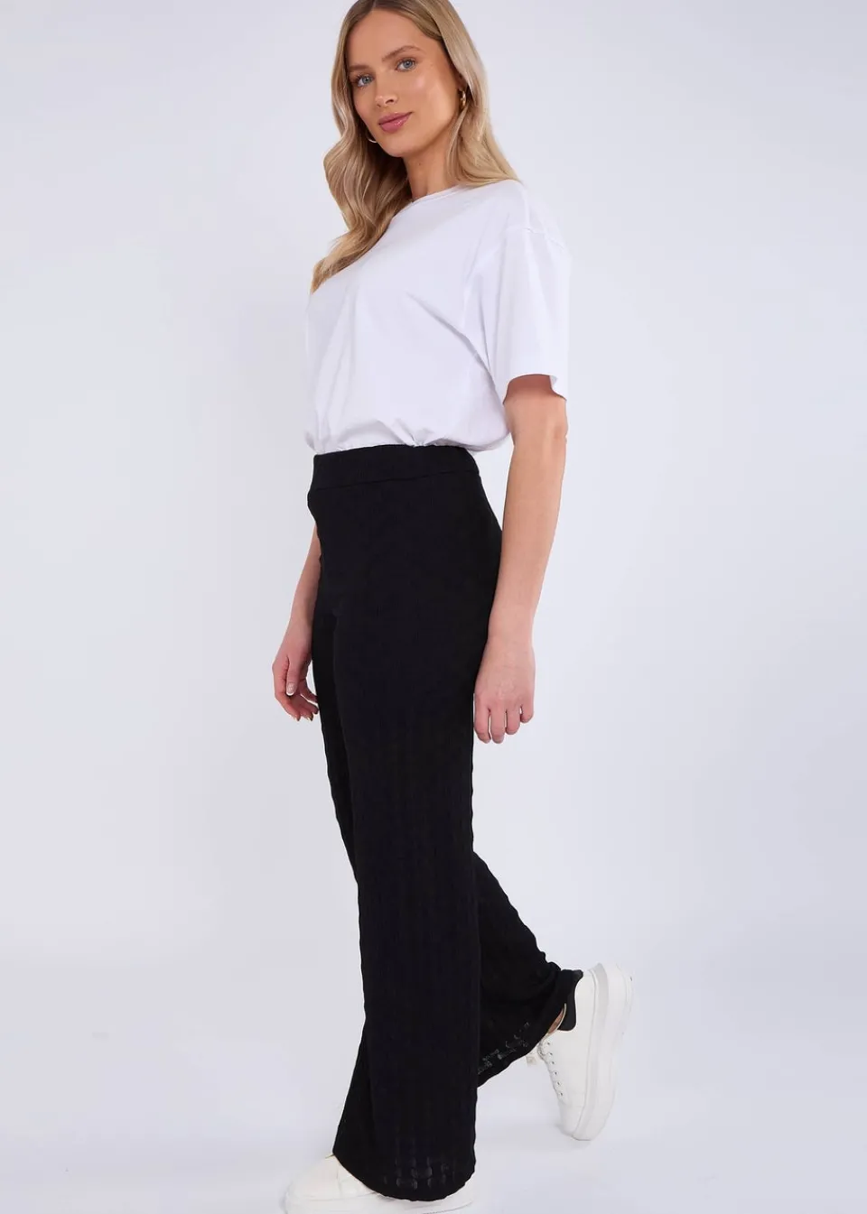 Trousers>Gini London Black Textured Elasticated Waist Flared Trousers