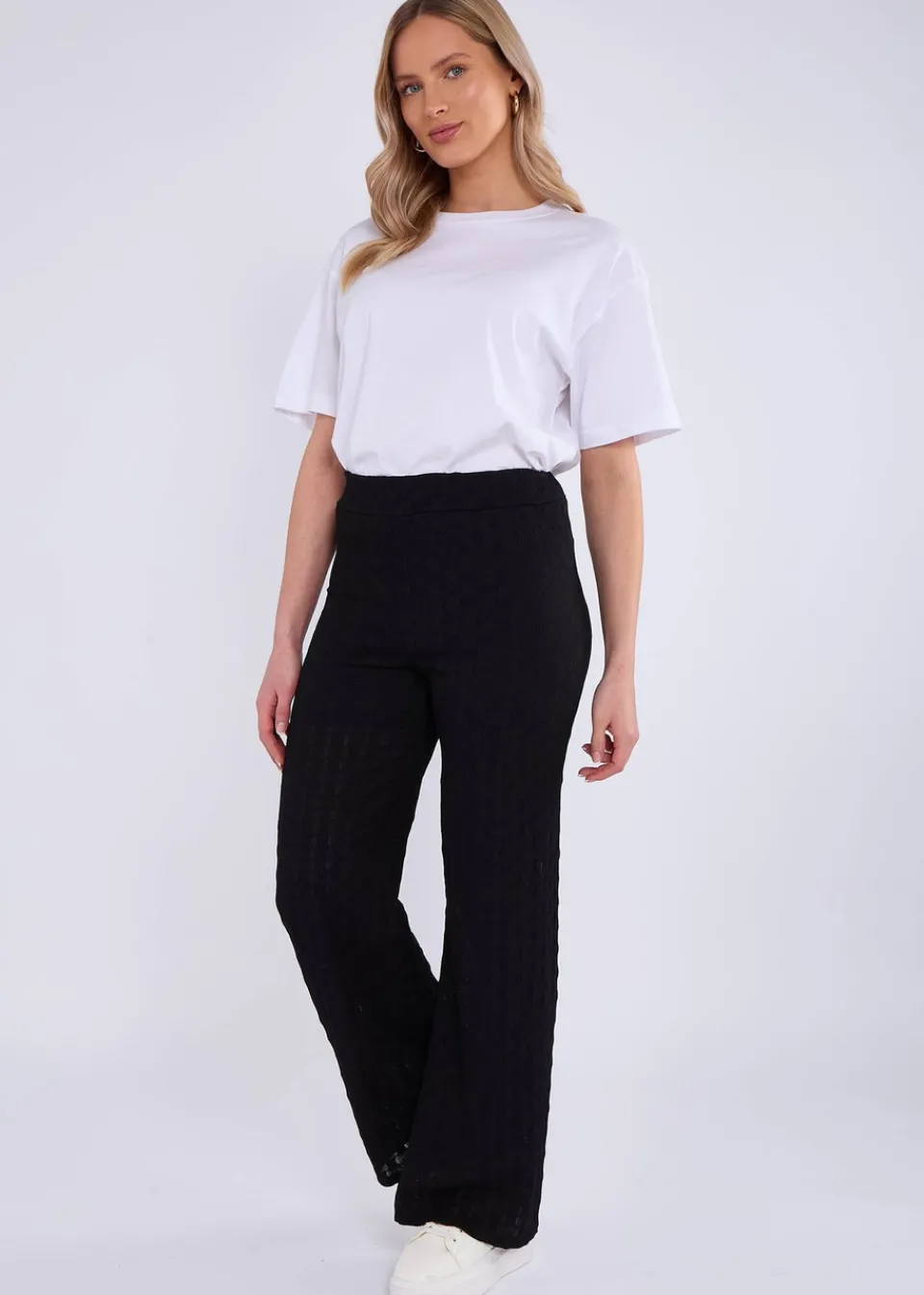 Trousers>Gini London Black Textured Elasticated Waist Flared Trousers