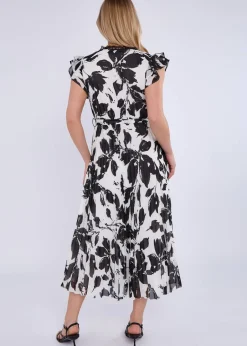 Dresses>Gini London Black/White Lace Trim Mono Pleated Wrap Midi Dress