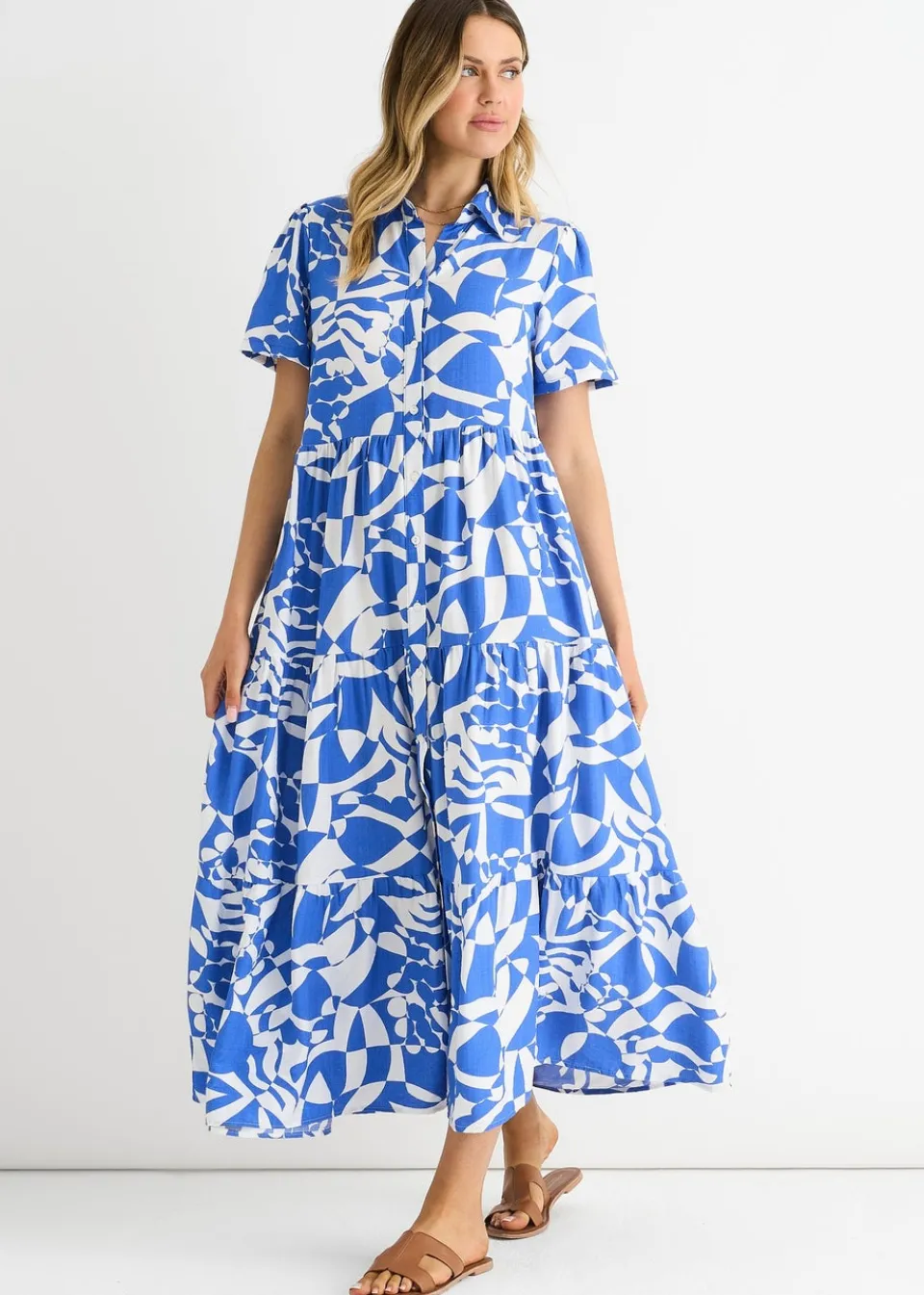 Dresses>Gini London Blue Aztec Print Oversized Smock Midi Dress