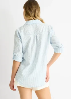 Tops>Gini London Blue Cotton Stripe Roll Up Sleeves Shirt