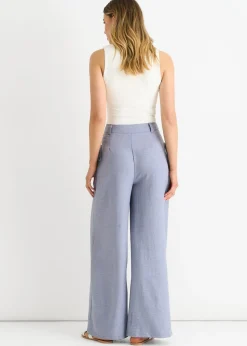 Trousers>Gini London Blue Linen Look High Waist Wide Leg Trousers
