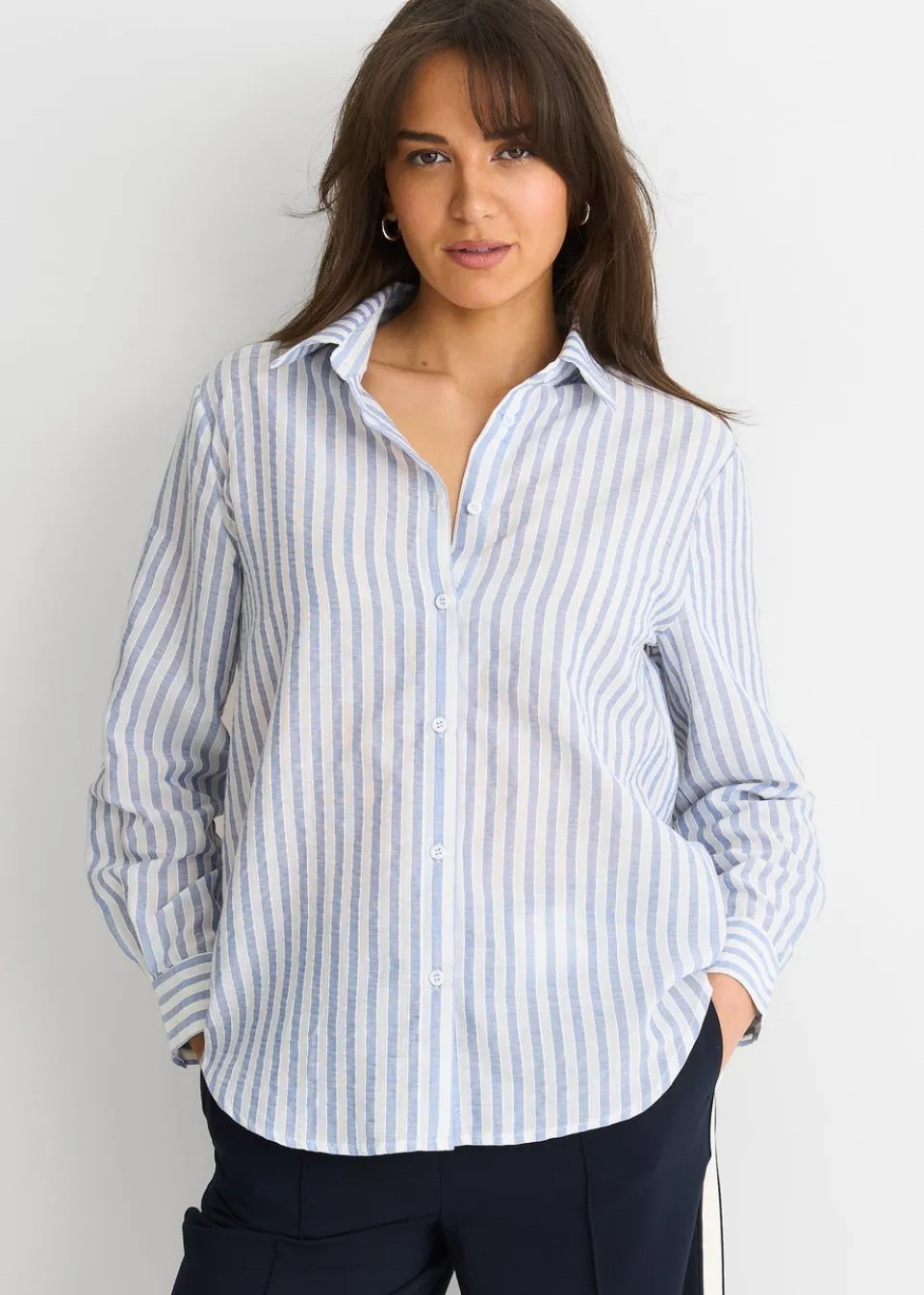 Tops>Gini London Blue Linen Oversized Stripe Shirt