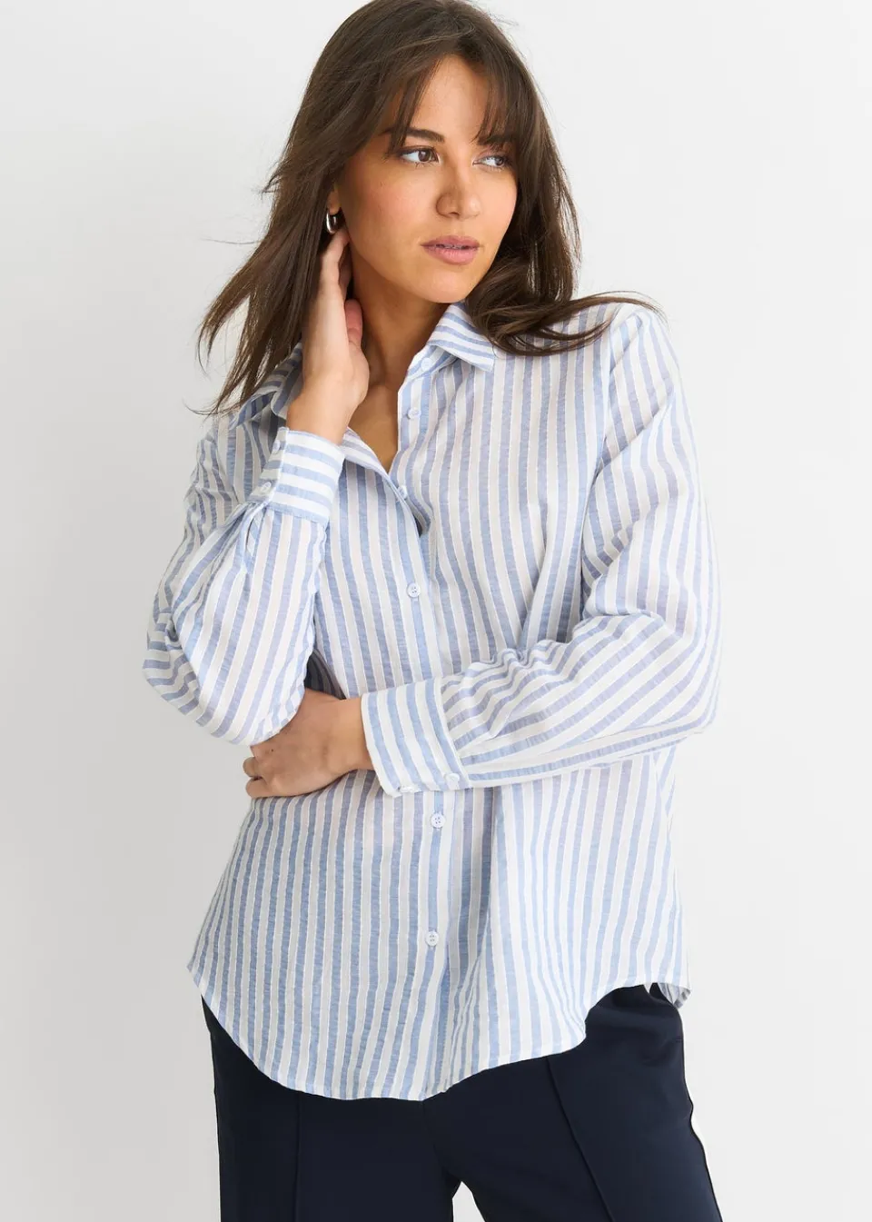 Tops>Gini London Blue Linen Oversized Stripe Shirt