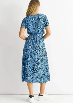 Dresses>Gini London Blue Short Sleeve Animal Print Wrap Front Midi Dress