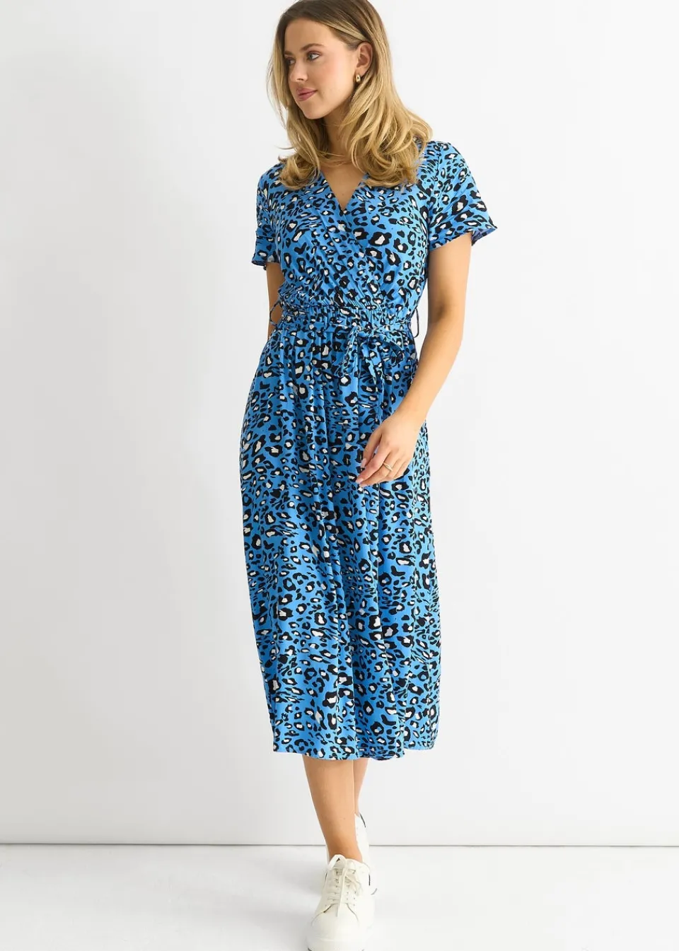 Dresses>Gini London Blue Short Sleeve Animal Print Wrap Front Midi Dress