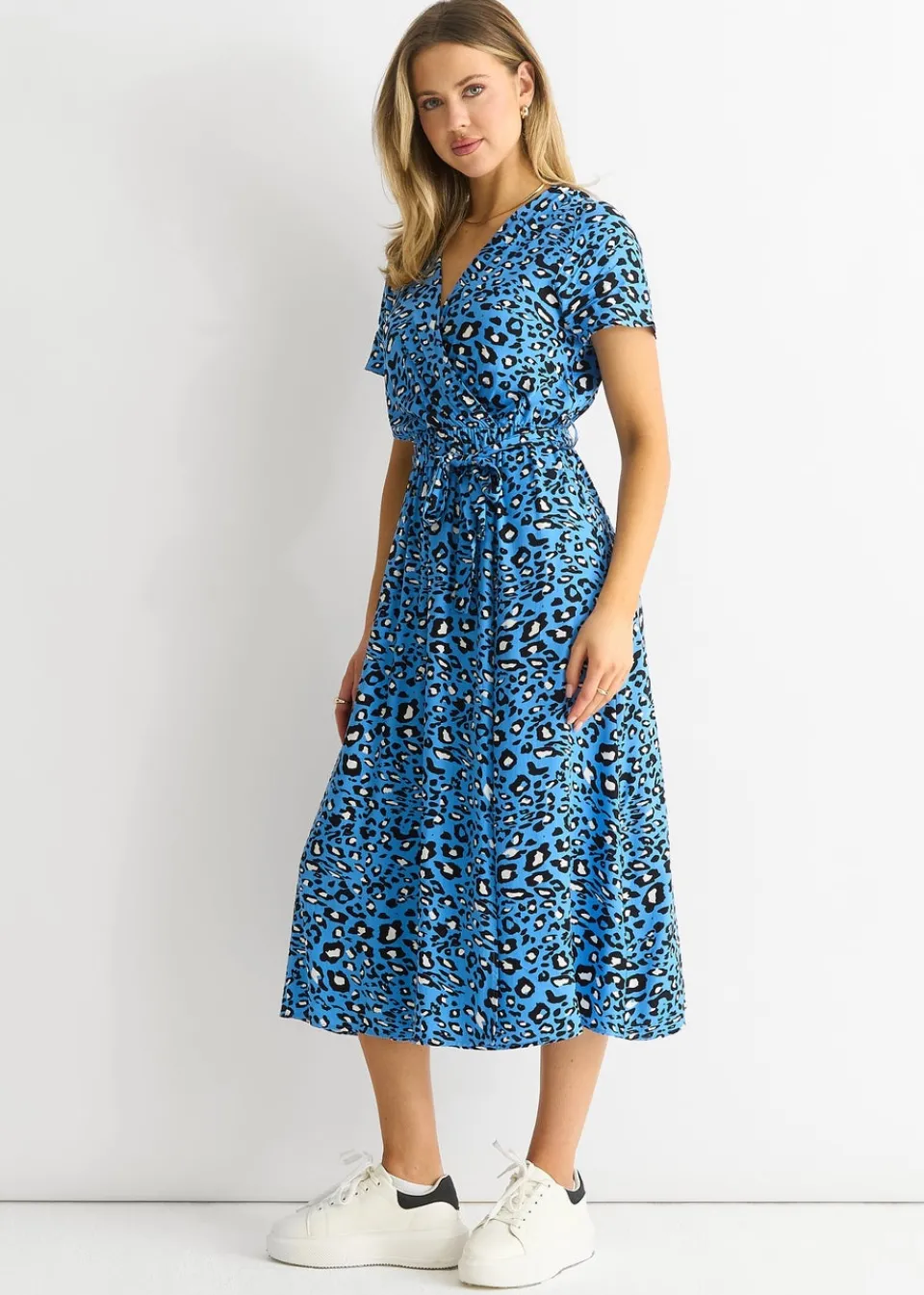 Dresses>Gini London Blue Short Sleeve Animal Print Wrap Front Midi Dress