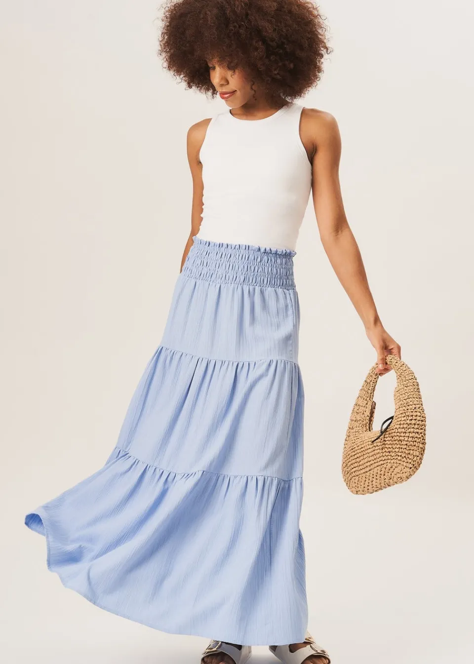 Skirts>Gini London Blue Smocked Tiered Maxi Skirt