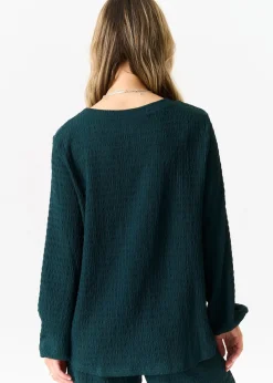 Tops>Gini London Bottle Green Textured Long Sleeves Oversized Top