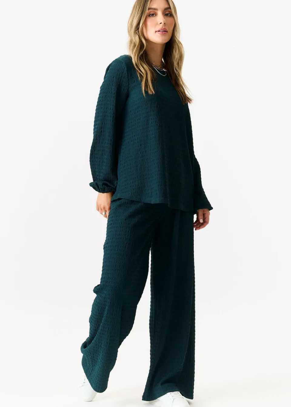 Tops>Gini London Bottle Green Textured Long Sleeves Oversized Top