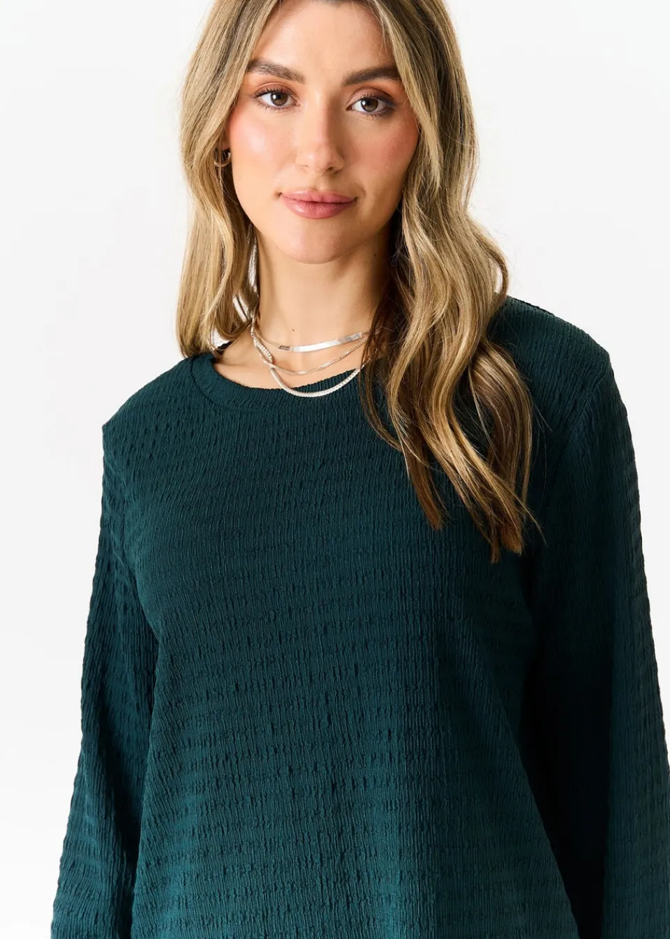 Tops>Gini London Bottle Green Textured Long Sleeves Oversized Top