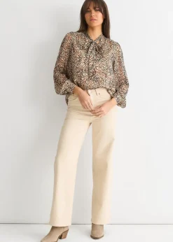 Tops>Gini London Brown Animal Print Long Sleeves Tie Neck Blouse