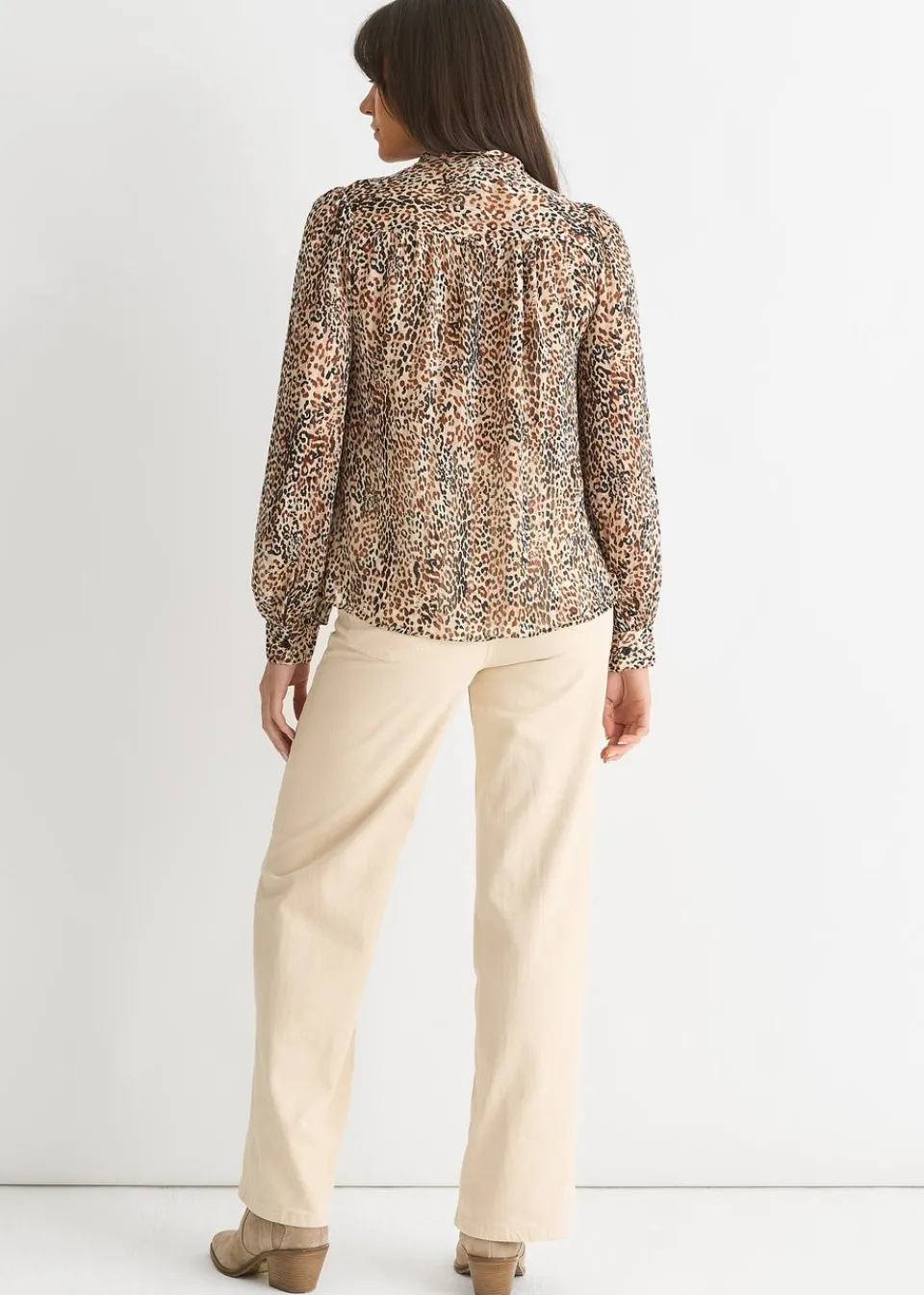 Tops>Gini London Brown Animal Print Long Sleeves Tie Neck Blouse