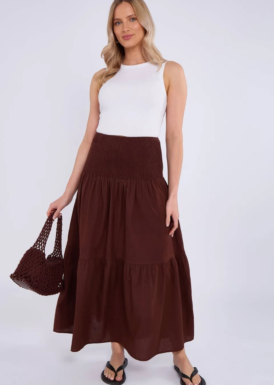 Skirts>Gini London Brown Cotton Smock Tiered Cotton Maxi Skirt