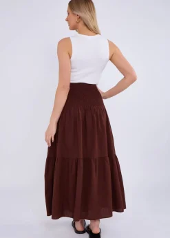 Skirts>Gini London Brown Cotton Smock Tiered Cotton Maxi Skirt