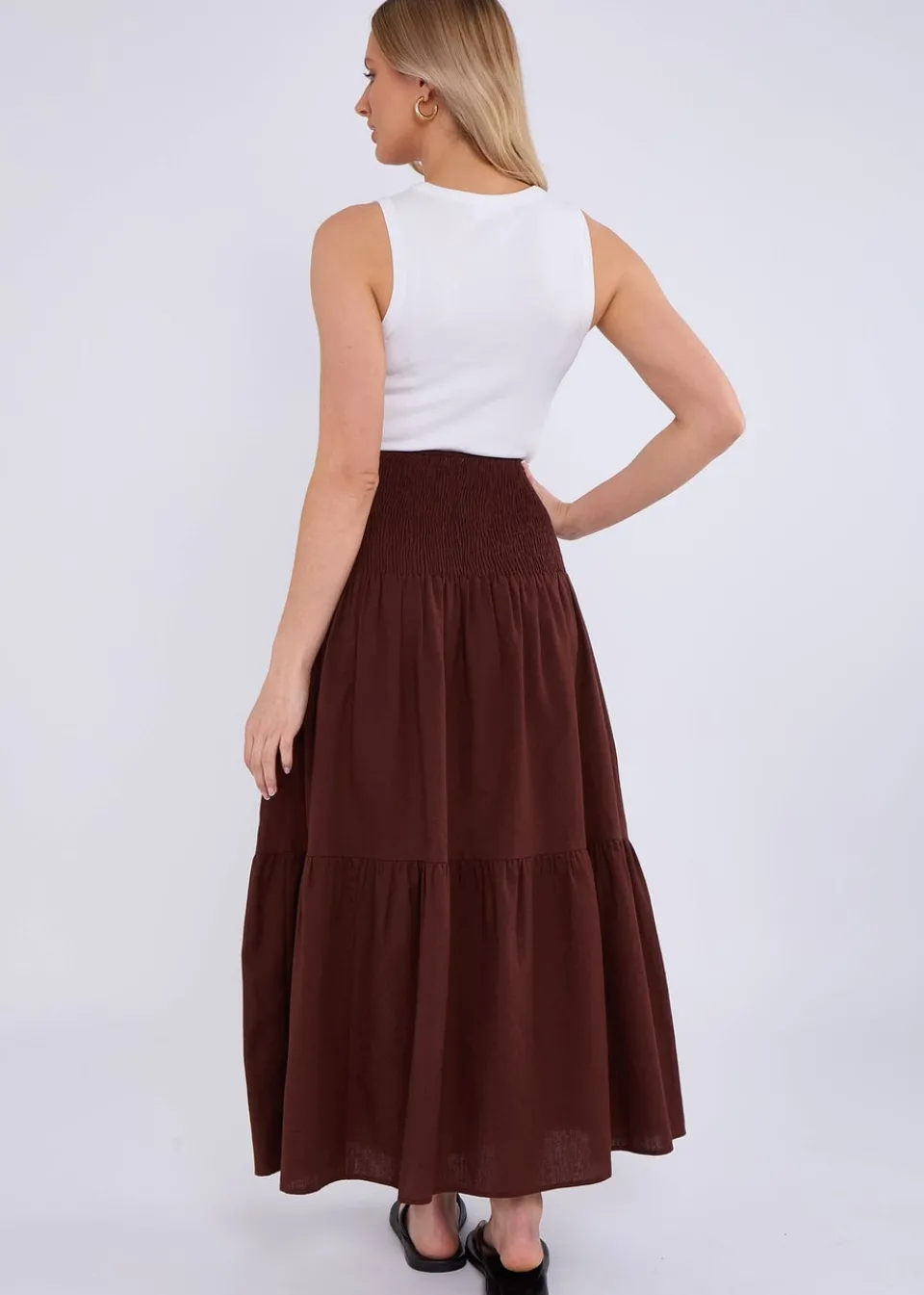 Skirts>Gini London Brown Cotton Smock Tiered Cotton Maxi Skirt