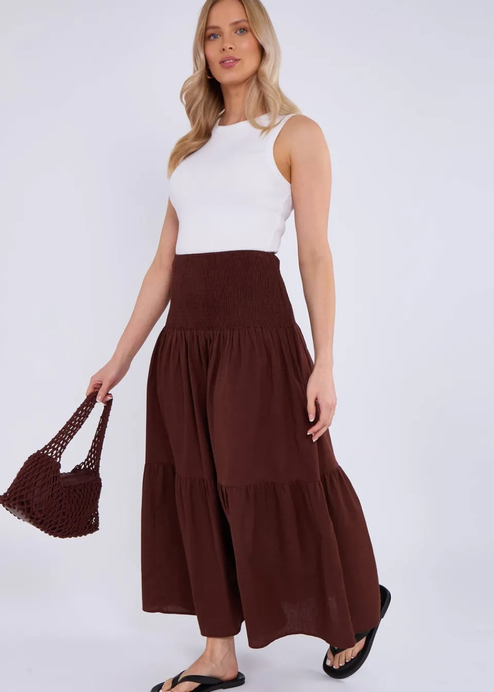 Skirts>Gini London Brown Cotton Smock Tiered Cotton Maxi Skirt