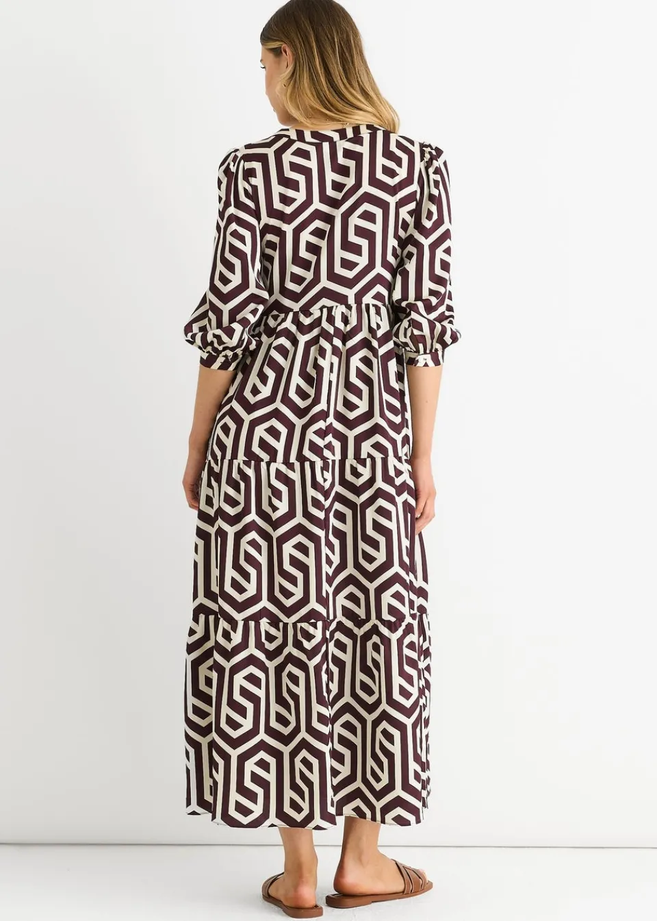 Dresses>Gini London Brown Geo Print Smock Maxi Dress