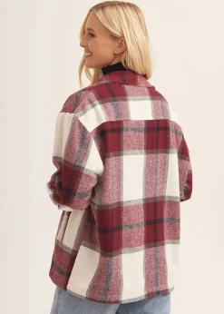 Coats & Jackets>Gini London Burgundy Check Oversized Pocket Detail Shacket