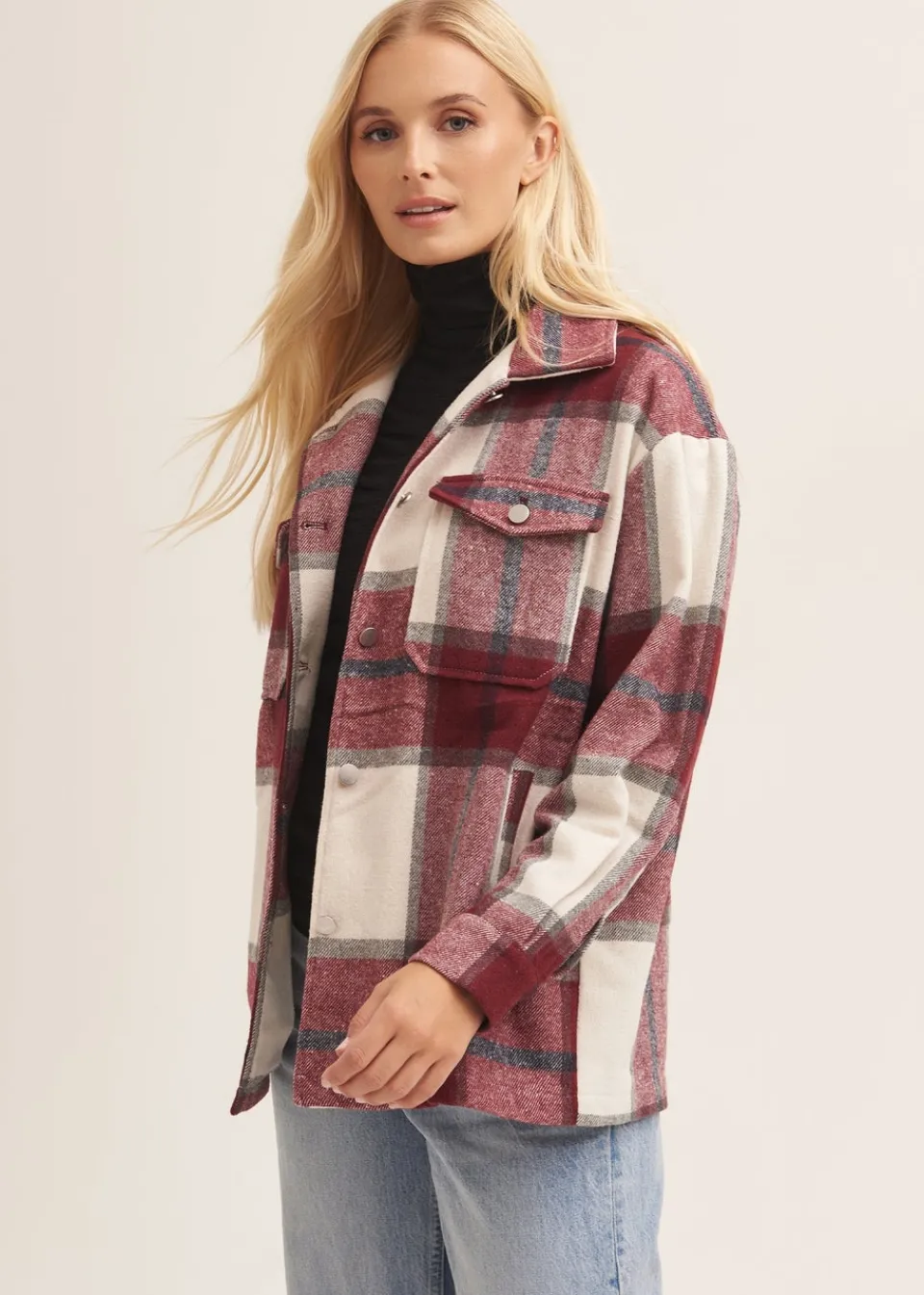 Coats & Jackets>Gini London Burgundy Check Oversized Pocket Detail Shacket