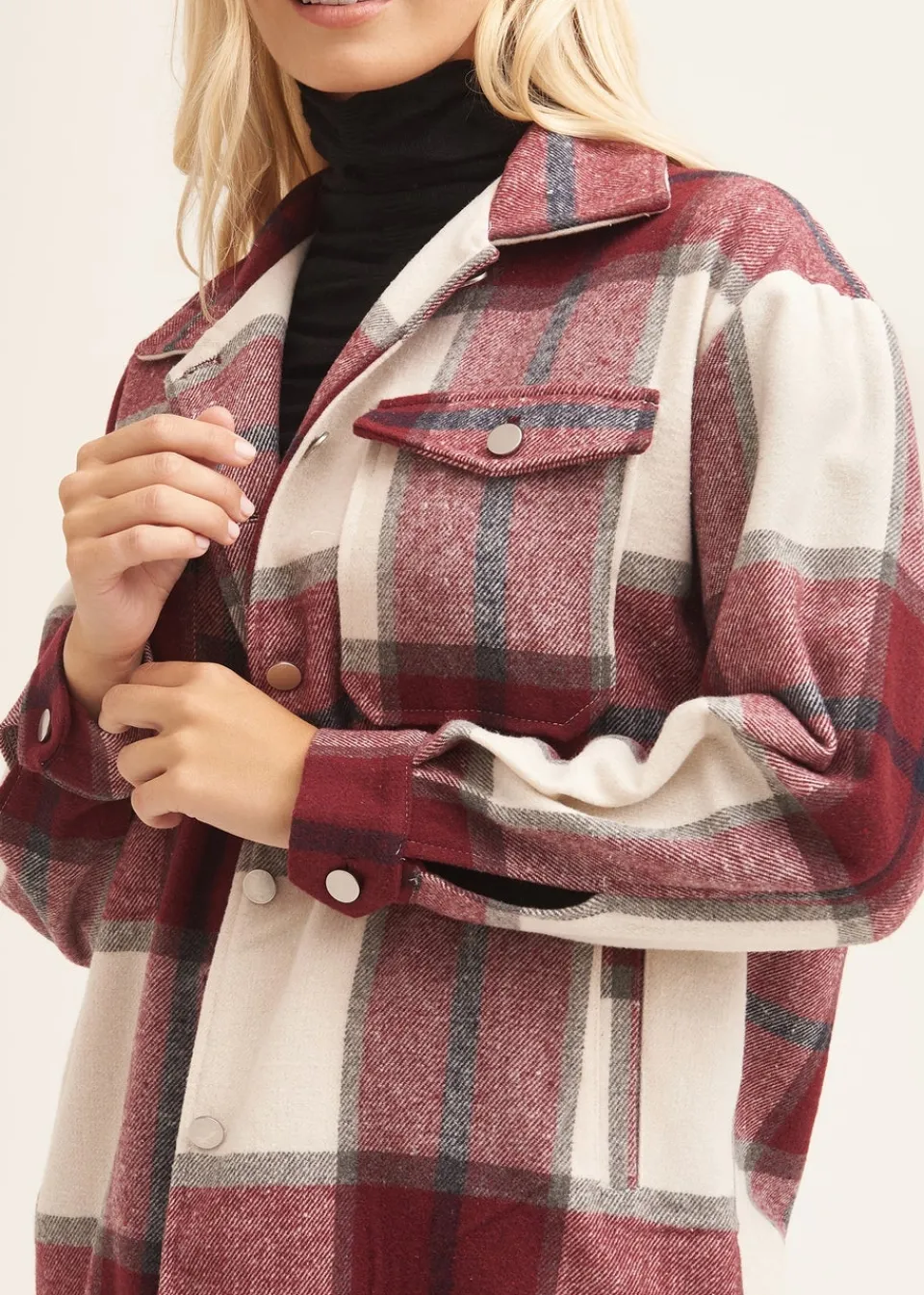 Coats & Jackets>Gini London Burgundy Check Oversized Pocket Detail Shacket