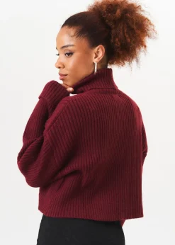 Knitwear>Gini London Burgundy High Neck Chunky Knit Crop Jumper