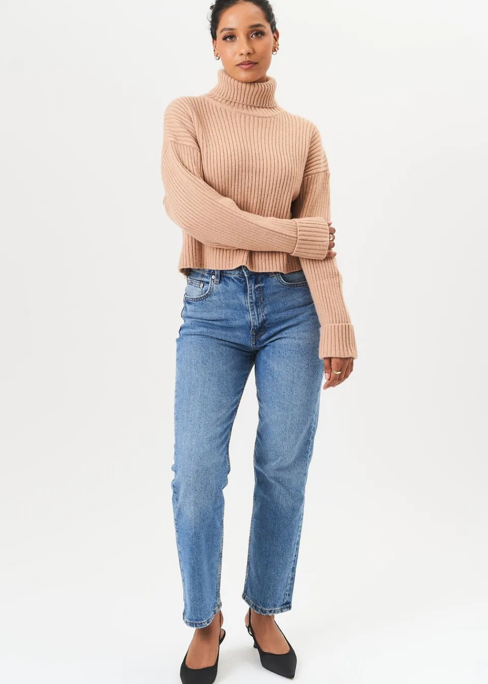 Knitwear>Gini London Camel High Neck Chunky Knit Crop Jumper