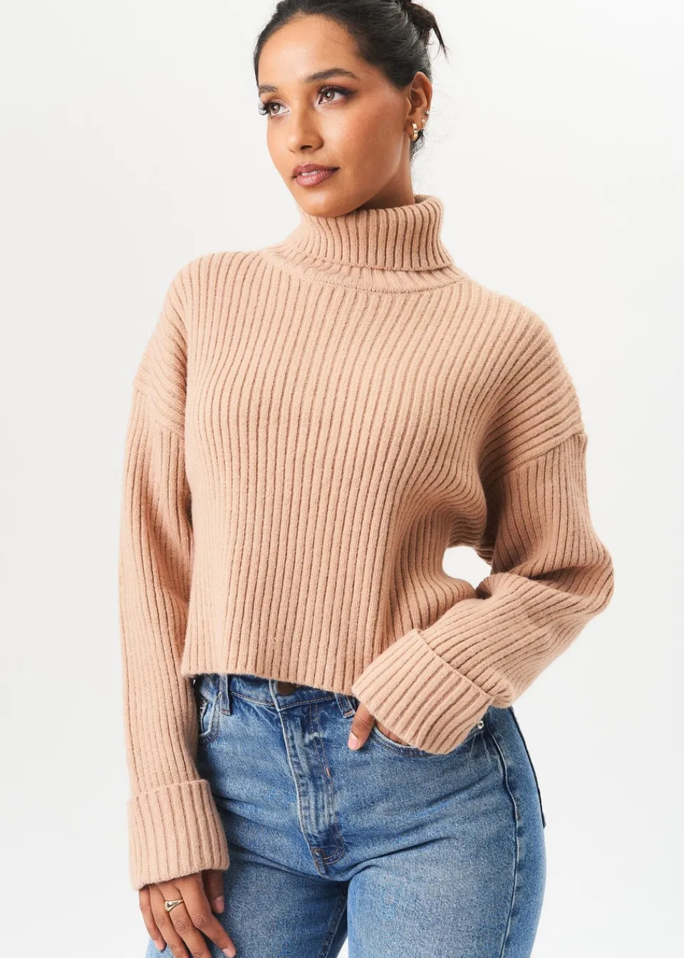 Knitwear>Gini London Camel High Neck Chunky Knit Crop Jumper