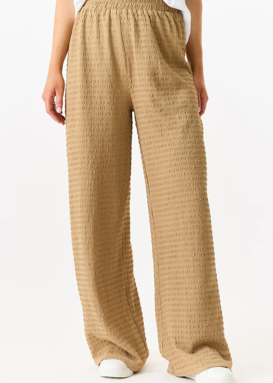 Trousers>Gini London Camel Textured Elastic Waist Pull On Trousers