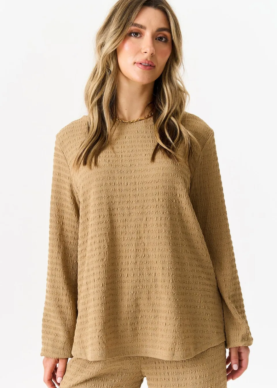 Tops>Gini London Camel Textured Long Sleeves Oversized Top