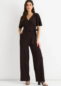 Jumpsuits & Playsuits>Gini London Chocolate Textured Jersey Wrap Wide Leg Jumpsuit