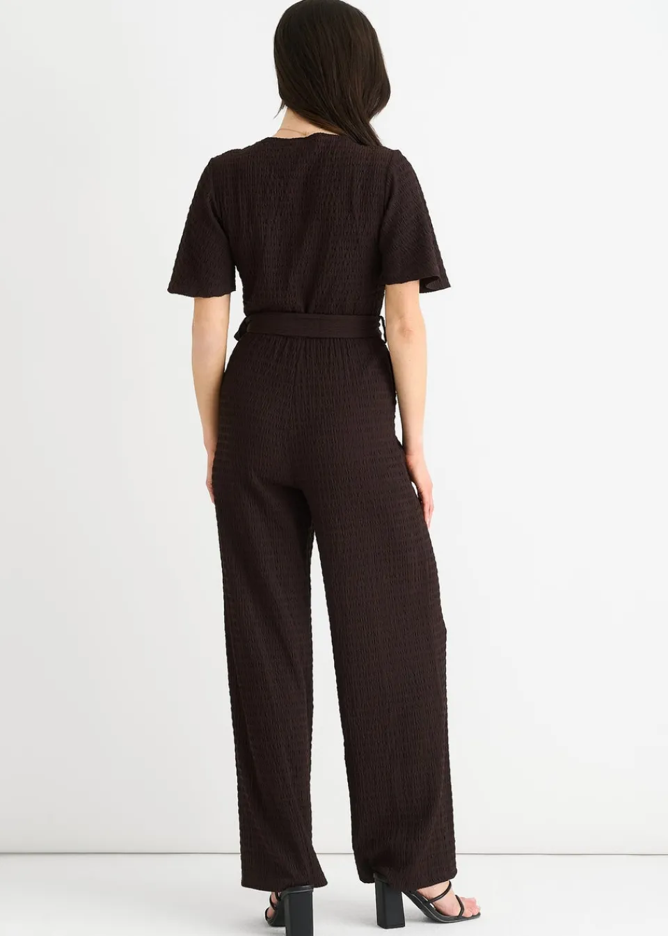 Jumpsuits & Playsuits>Gini London Chocolate Textured Jersey Wrap Wide Leg Jumpsuit