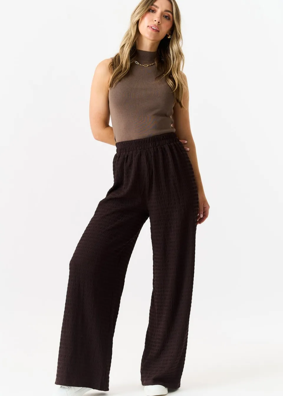 Trousers>Gini London Chocolate Textured Elastic Waist Pull On Trousers