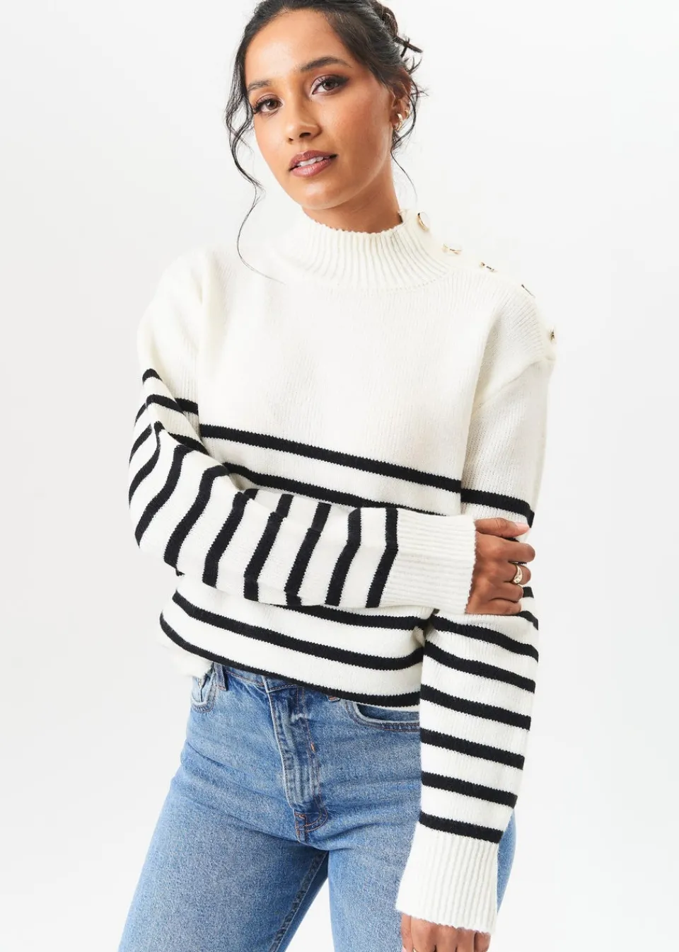 Knitwear>Gini London Cream High Neck Stripe Oversized Jumper