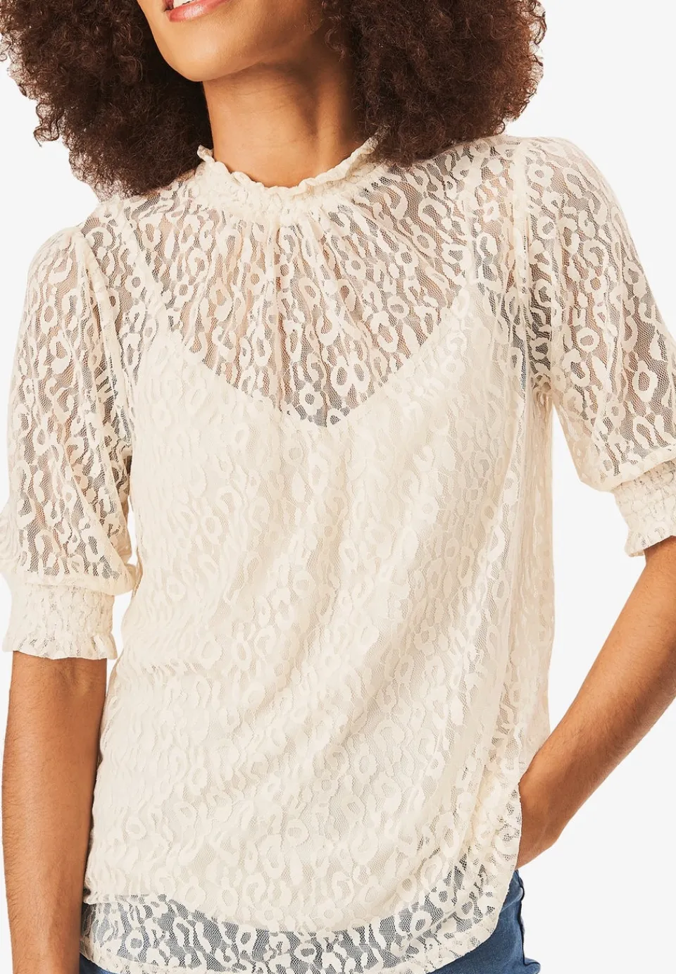 Tops>Gini London Cream High Neck Lace Loose Fit Blouse