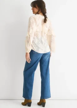 Tops>Gini London Cream Jacquard Floral Long Sleeve Blouse