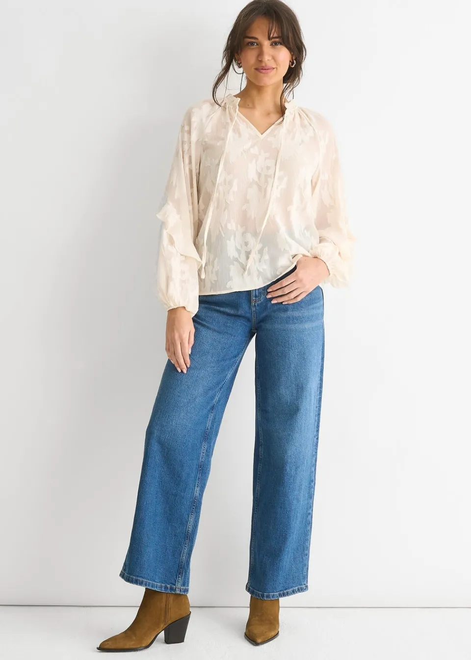 Tops>Gini London Cream Jacquard Floral Long Sleeve Blouse