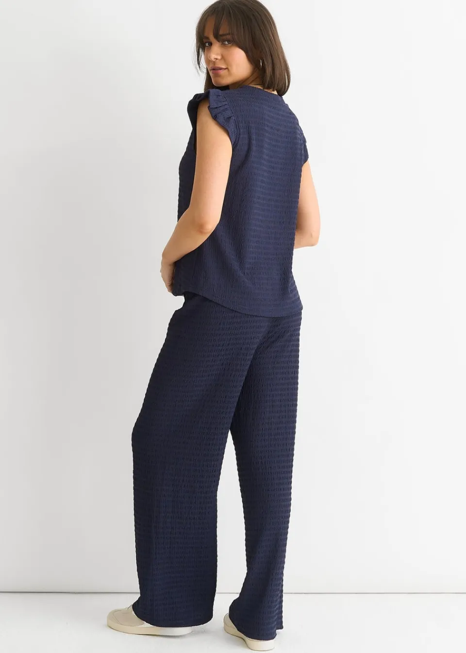 Tops>Gini London Dark Blue Frill Sleeves Textured Oversized Top