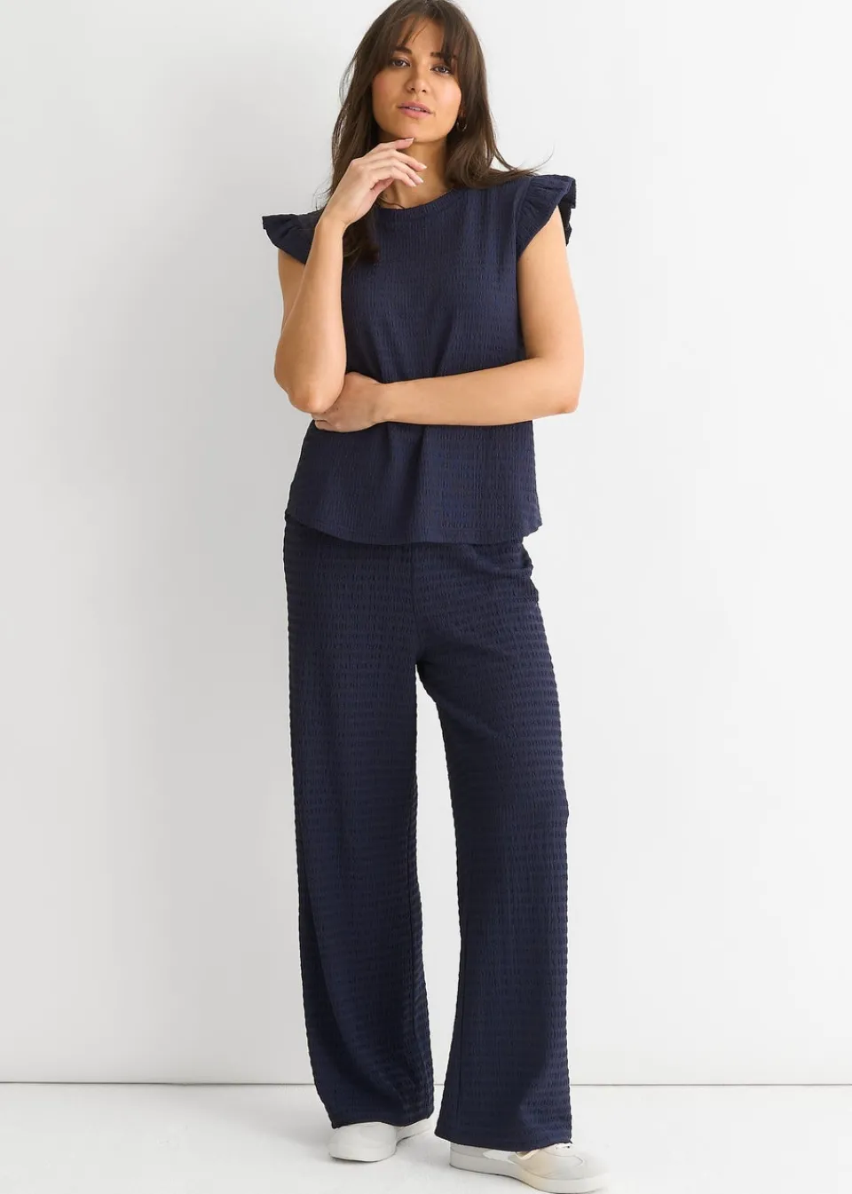 Tops>Gini London Dark Blue Frill Sleeves Textured Oversized Top