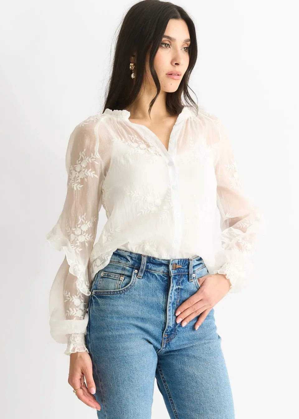 Tops>Gini London Embroidery puff sleeve top