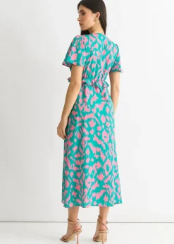 Dresses>Gini London Green Animal Print V Neck Ruffle Midi Dress