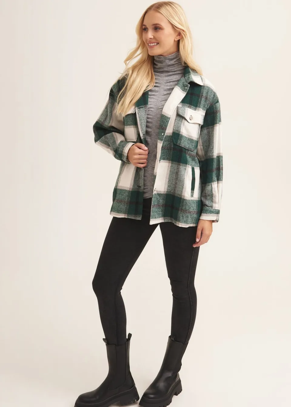Coats & Jackets>Gini London Green Check Oversized Pocket Detail Shacket