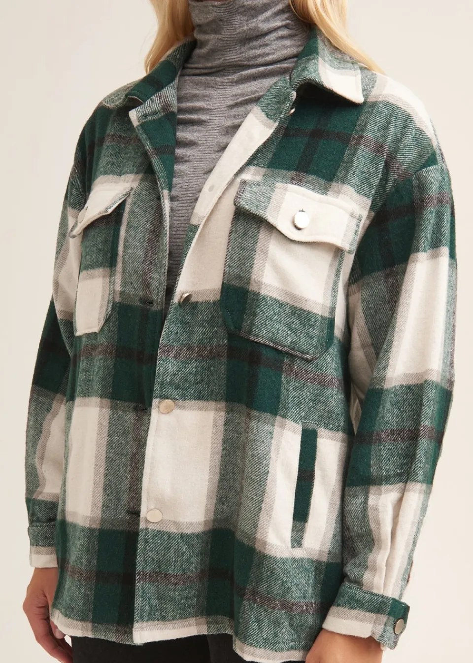 Coats & Jackets>Gini London Green Check Oversized Pocket Detail Shacket