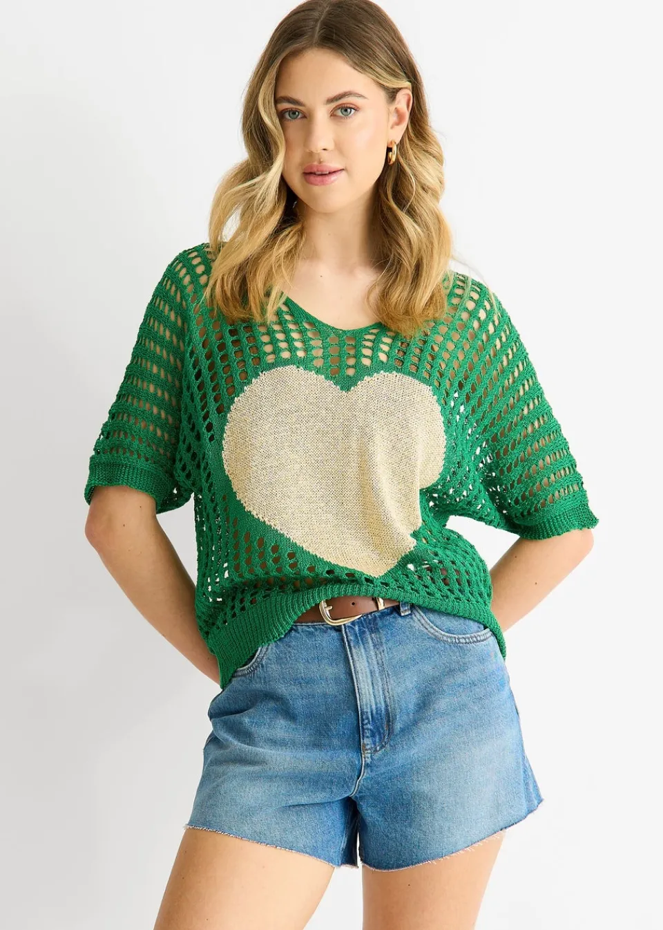 T-Shirts>Gini London Green Fish Net Heart Pattern Crochet Top