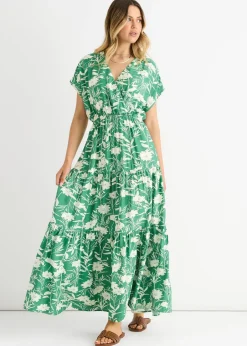 Dresses>Gini London Green Floral Elastic Waist Maxi Dress