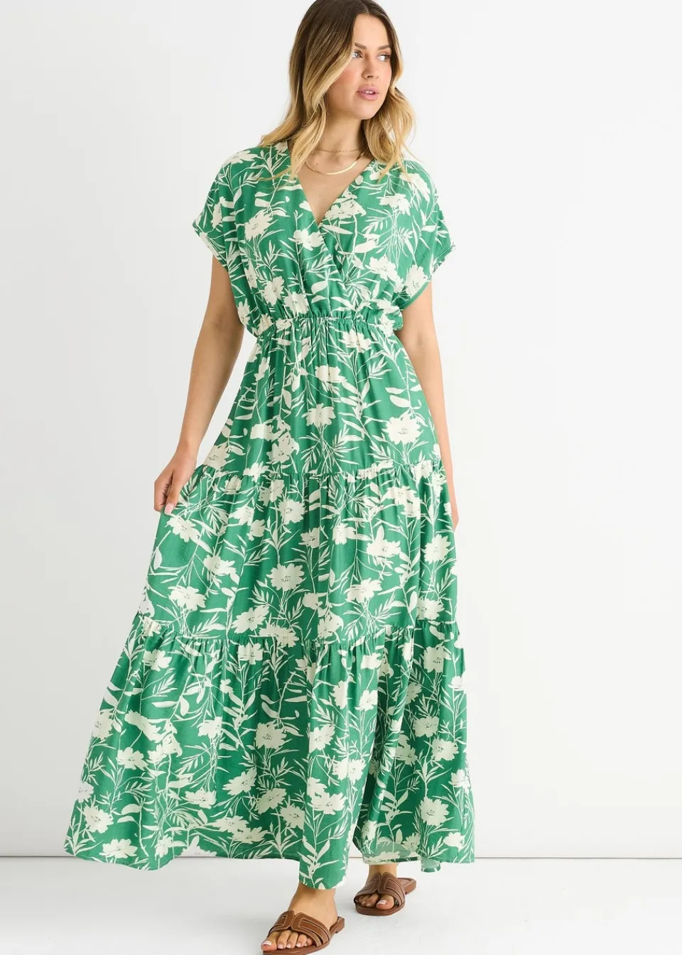 Dresses>Gini London Green Floral Elastic Waist Maxi Dress