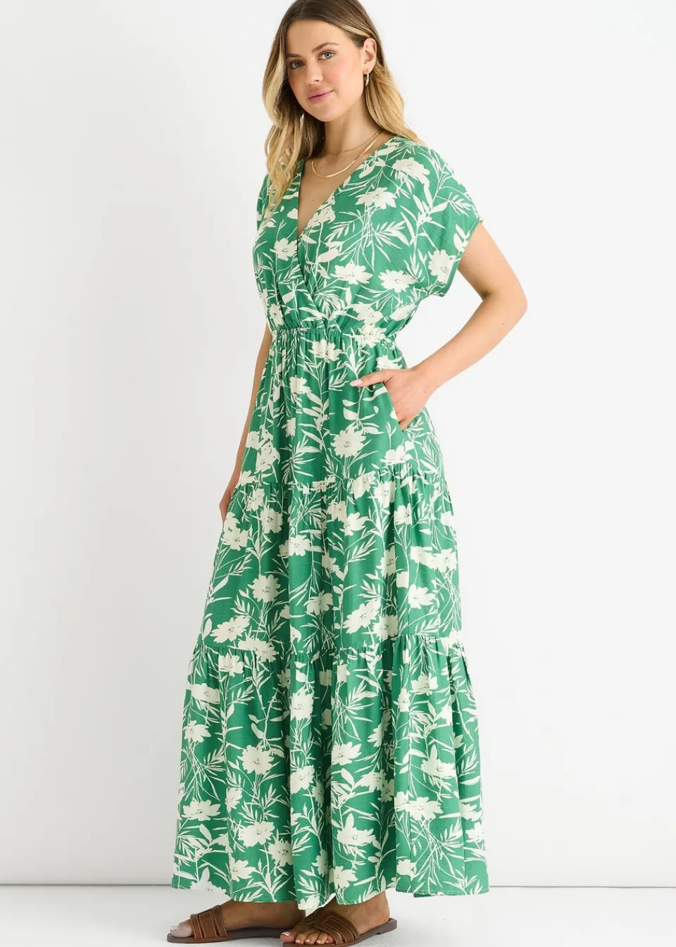 Dresses>Gini London Green Floral Elastic Waist Maxi Dress