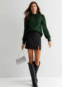 Tops>Gini London Green Sequin High Neck Loosefit Blouse